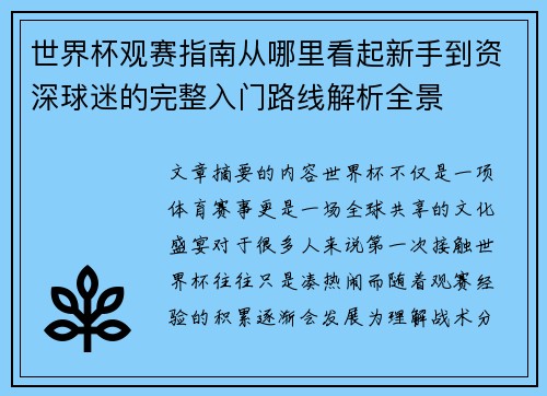 世界杯观赛指南从哪里看起新手到资深球迷的完整入门路线解析全景