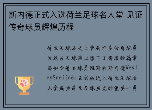斯内德正式入选荷兰足球名人堂 见证传奇球员辉煌历程